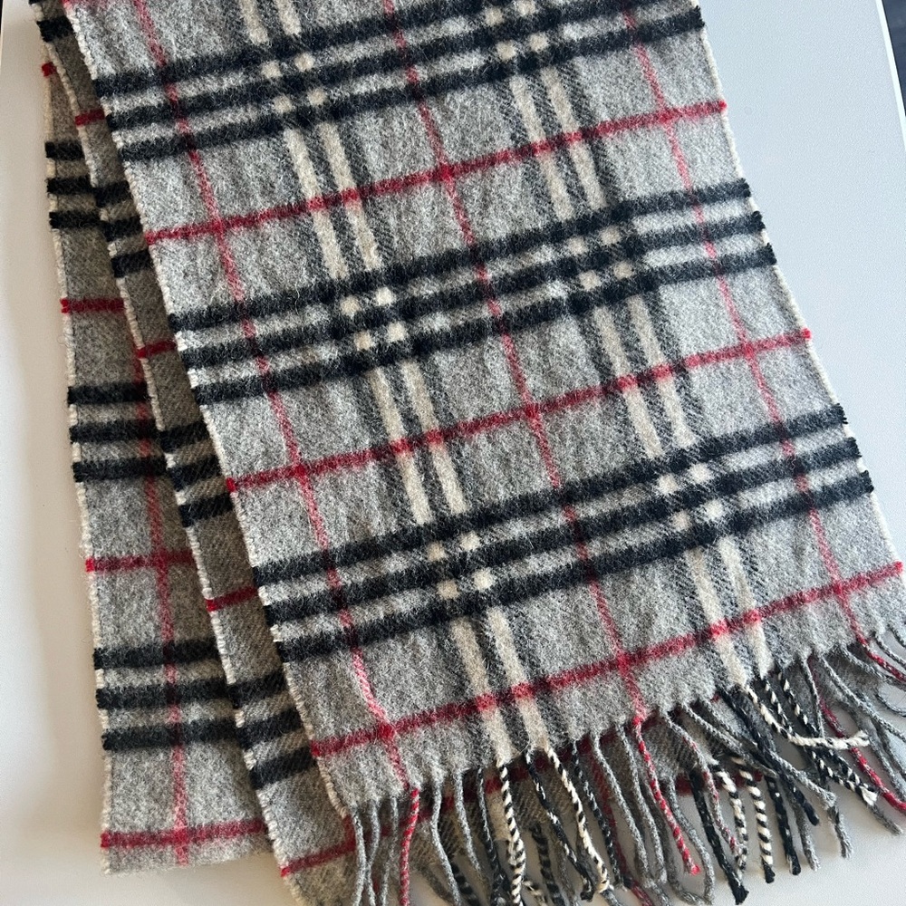 Burberry Gray Plaid Fringe Scarf